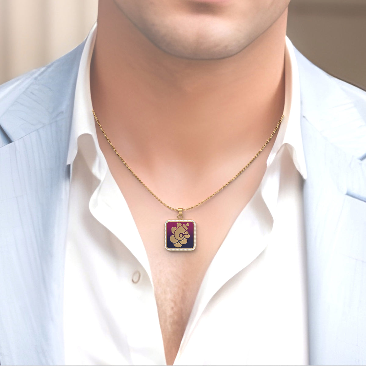 Padma Ganesha - Square Gold Pendant with Diamond Border