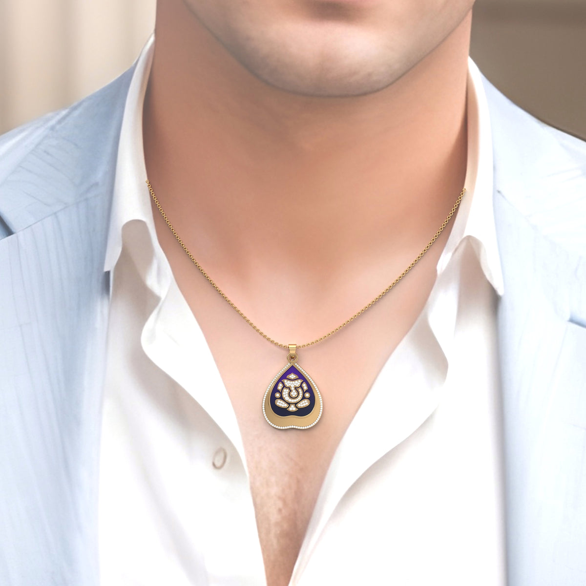 Parna Ganesha - Leaf Gold Double Pendant with Diamond Border