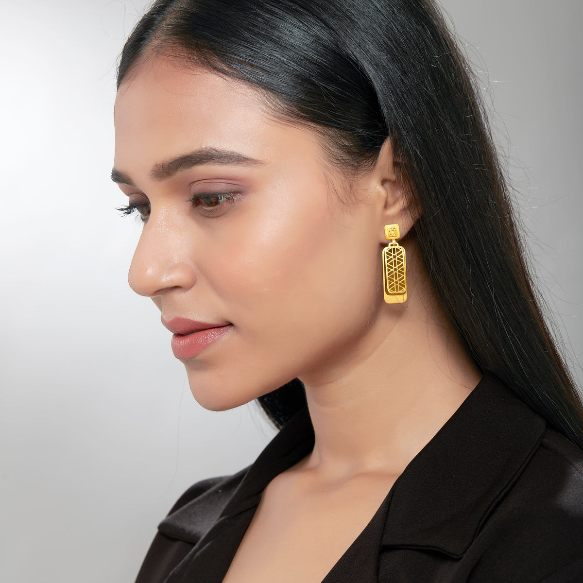Gulsen -Perforated Plain Gold Bar Double Danglers - Small