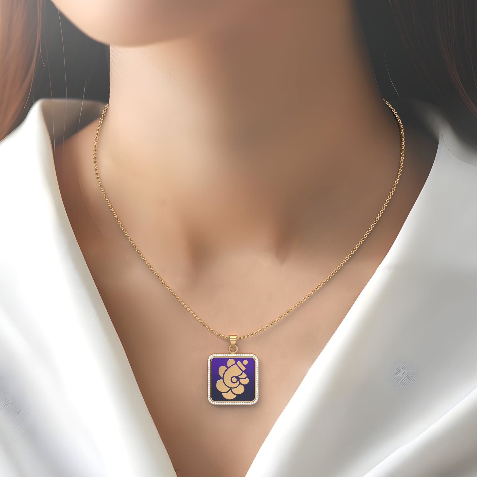 Padma Ganesha - Square Gold Pendant with Diamond Border