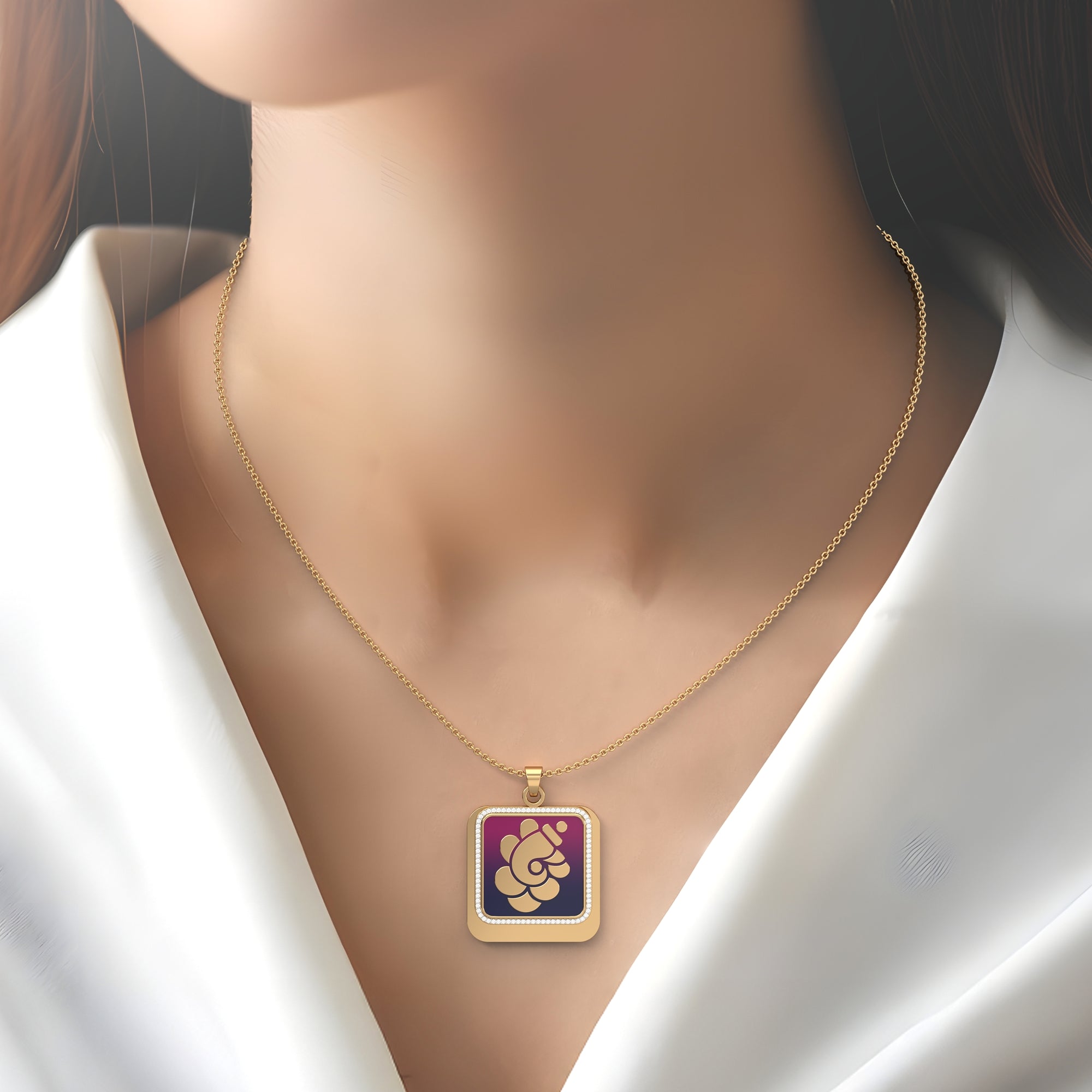 Padma Ganesha - Square Gold Double Pendant with Diamond