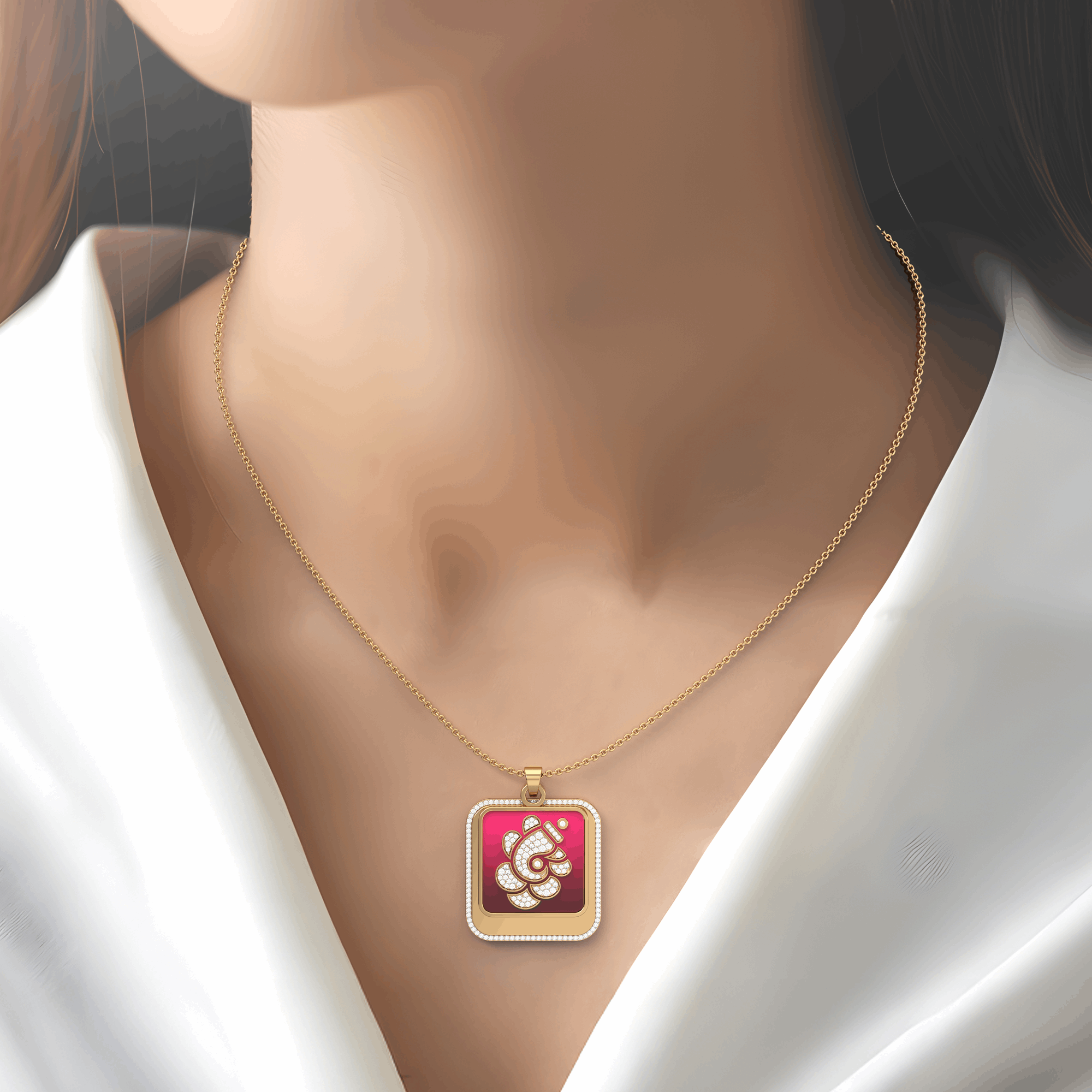 Padma Ganesha - Square Gold Double Pendant with Diamond Border