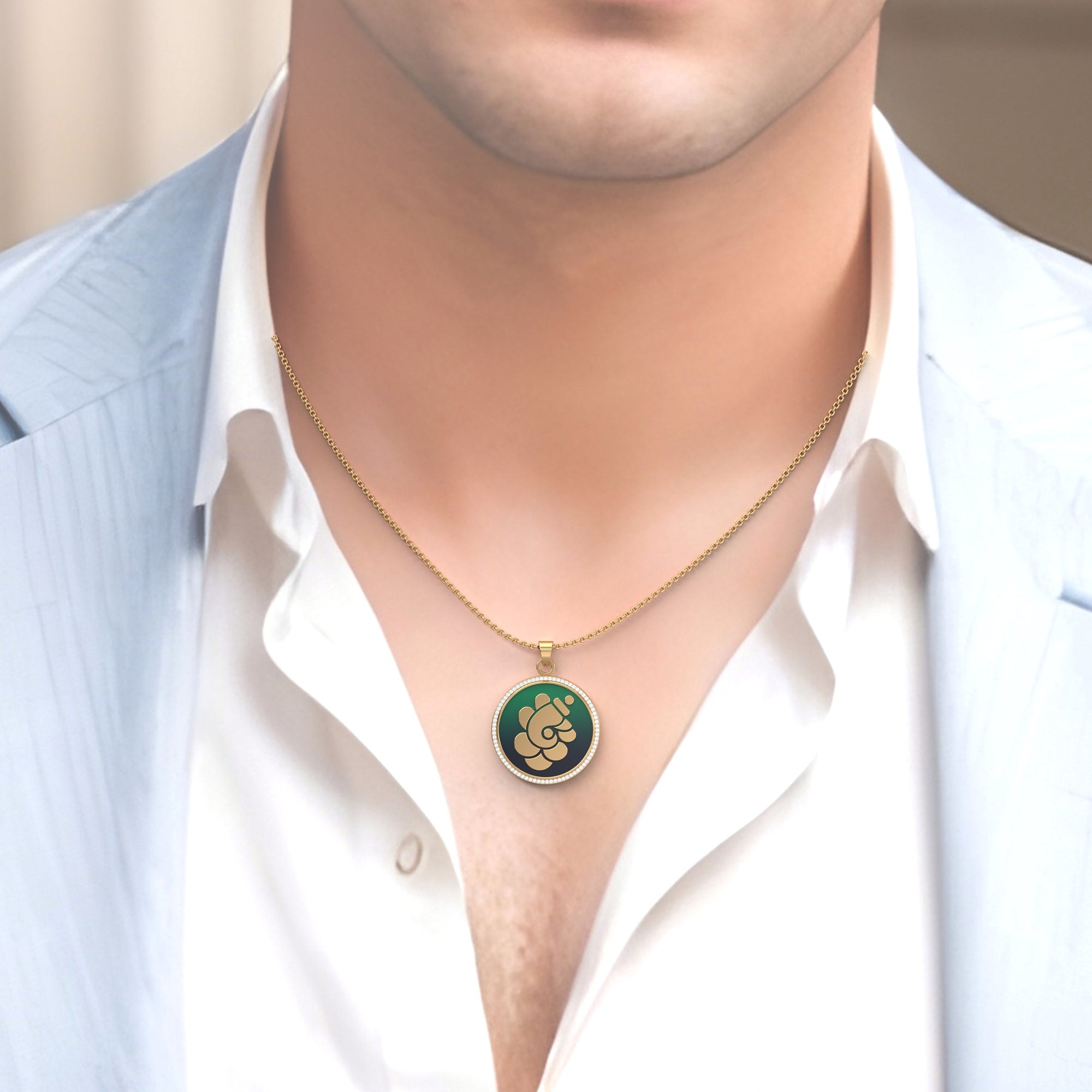 Padma Ganesha - Round Gold Pendant with Diamond Border