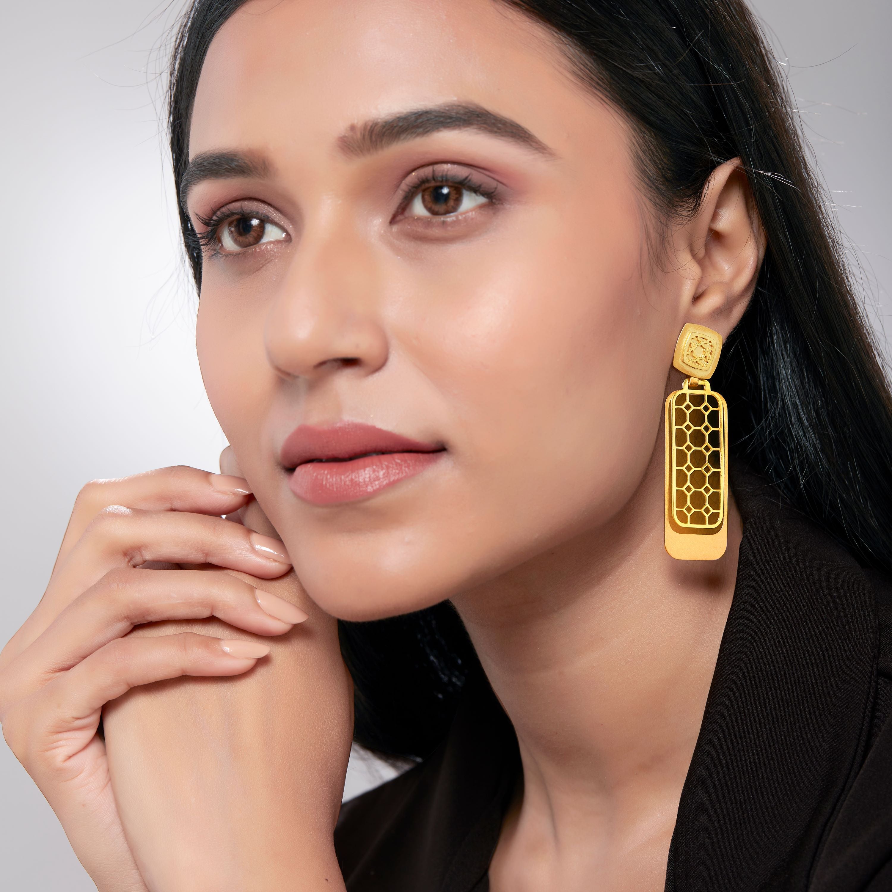 Gulsen -Perforated Plain Gold Bar Double Danglers - Large