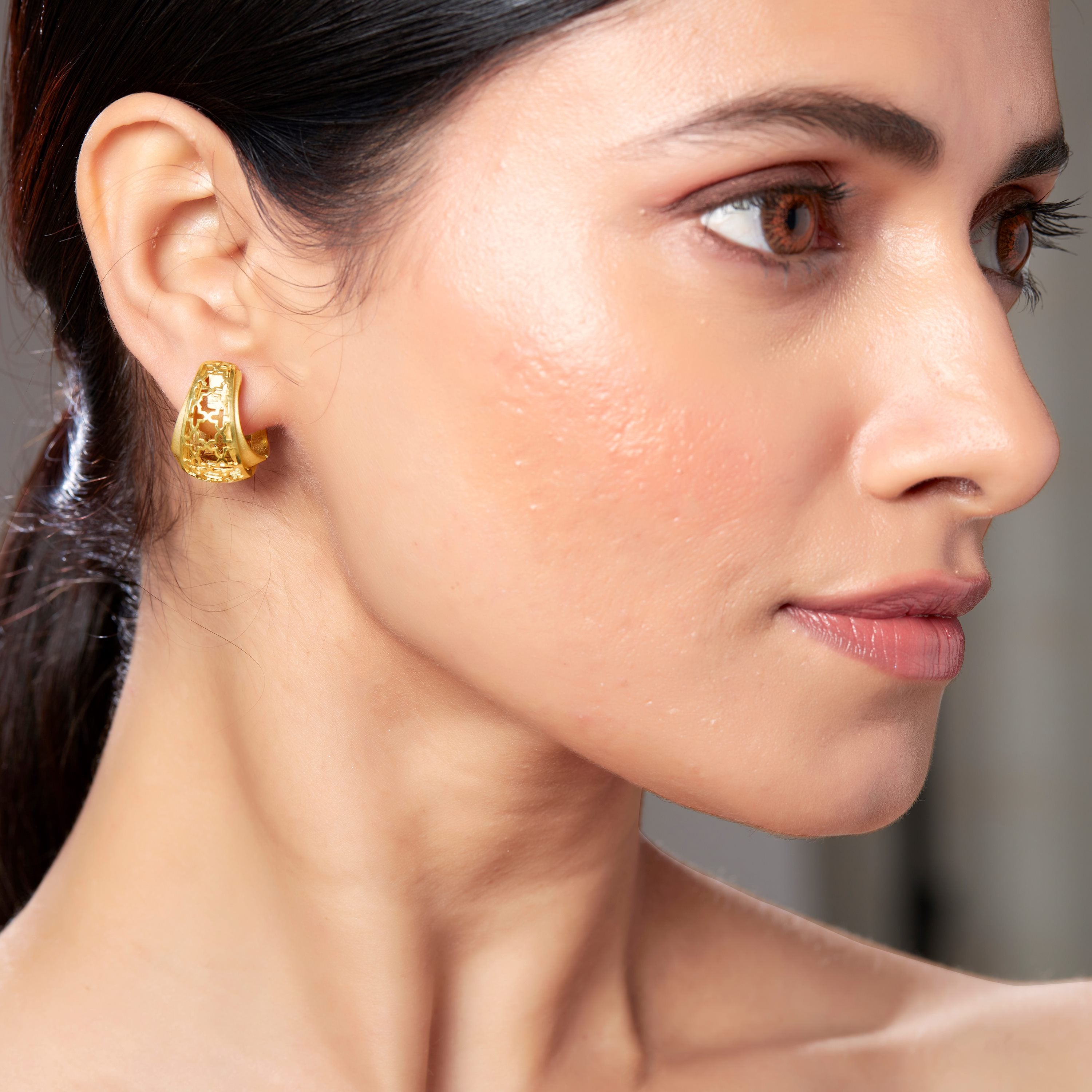 Selina Perforated Plain Gold Tapered Hoops - small